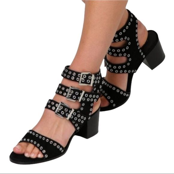 SOL Sana Black Sweet Pea Black Studded Suede Block Heeled Sandals Size 39 - Picture 2 of 11